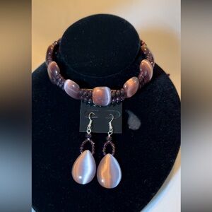2Pc Purple Cats Eye & Hematite Gemstone Choker Necklace & Earrings set.
